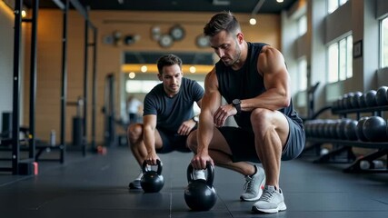 Personal trainer coaching client with kettlebells in modern gym
- Powered by Adobe