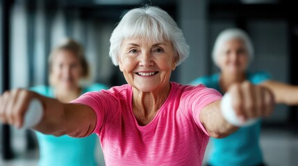 An empowering image of smiling elderly women participating in a fitness class, showcasing their joy and commitment to maintaining a healthy lifestyle through exercise.
