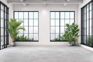 Bright, modern loft space with expansive city views.  Large windows, concrete floor, and potted plants fill the room