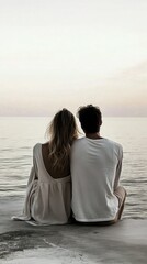 Couple enjoying a serene moment by the ocean at sunset  