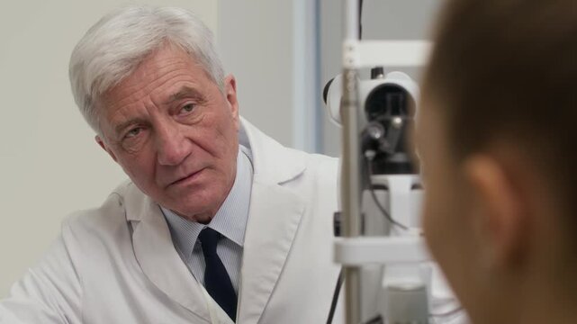 Close up on mature male ophthalmologist engaging in conversation with female patient during eyesight test on slit lamp providing caring polite service in eye clinic