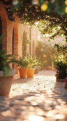 Fototapeta premium Sunlit pathway through architectural landscape with potted plants