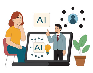 Artificial Intelligence Learning Flat Vector of AI Training and Online Education. AI Course Illustration Woman Learning About Artificial Intelligence Online.