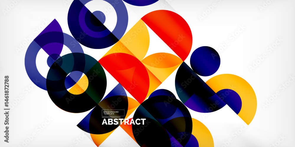 Poster Abstract colorful shapes overlap, creating dynamic composition. Bright hues contrast against dark background. Modern design element.