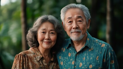 A heartwarming portrait of an elderly couple in a lush green setting, showcasing the beauty of lasting love and companionship, radiating joy and serenity in their expressions.