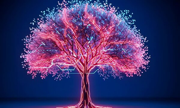 Futuristic tree with neon lights and branches on a dark blue background gives a techy vibe