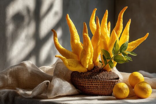 Still Life with Buddha's Hand Citron (Citrus medica var. sarcodactylis) in Woven Basket and Whole Lemons on Linen