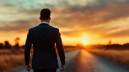 A businessman walks towards a beautiful sunset on a tranquil road, symbolizing hope, ambition, and the pursuit of personal and professional goals in life.