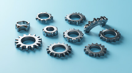 Arrangement of shiny metal gears and other machine parts on a soft blue surface. Close up view.