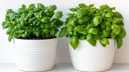 Fototapeta premium Fresh hydroponic basil and mint on elevated trays, balanced placement with white wall background, no clutter or excess details, futuristic farming tone