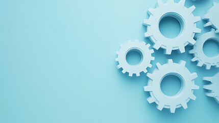 An arrangement of white gears on a blue background, suggesting mechanics, engineering, and teamwork.