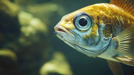 Close-up view of a golden fish in an aquarium.