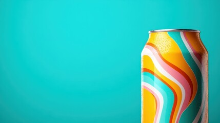 A bright beverage can adorned with cheerful stripes of multiple colors, presenting a lively and playful aesthetic that invites users to enjoy a refreshing drink experience.