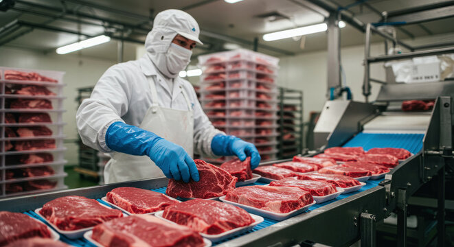 Meat Processing Plant Worker Handling Beef Steaks On Production Line