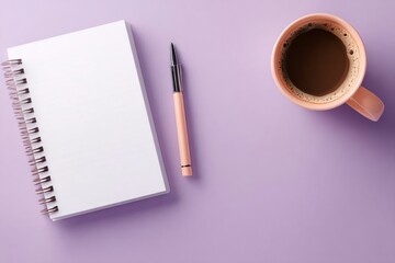 Smooth purple background with notebook, pen, and coffee mug