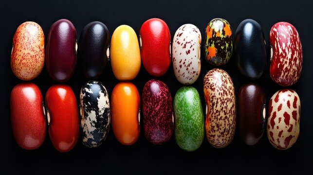 A vibrant assortment of beans showcasing diverse shapes and colors, ideal for culinary enthusiasts and food photographers looking for unique visuals.