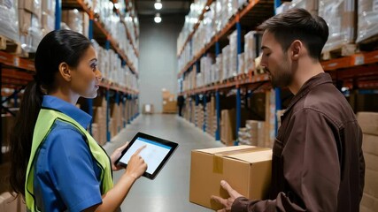 Female supervisor using digital tablet instructing male worker holding cardboard box while discussing logistics and checking inventory inside large distribution warehouse - Powered by Adobe