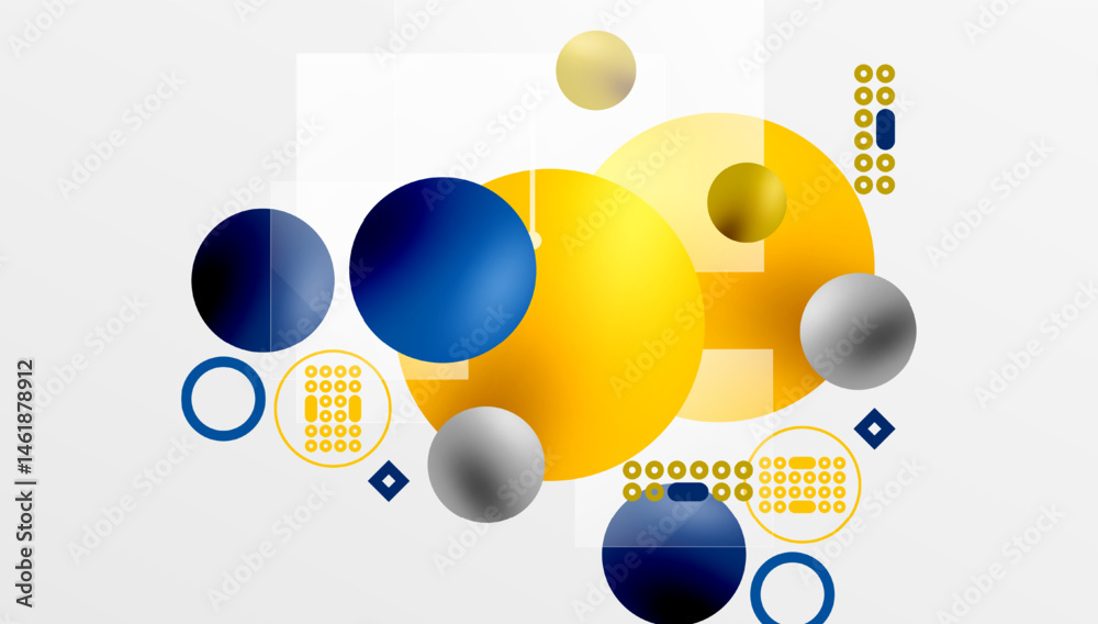 Poster abstract composition featuring overlapping circles, gradients, dots. minimalist design with cool, wa