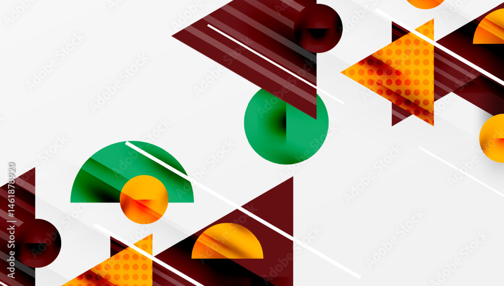 Poster abstract geometric shapes overlap, creating dynamic composition. colors include burgundy, orange, gr