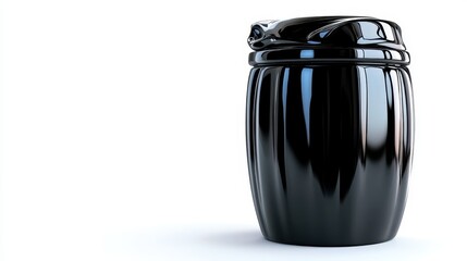 A minimalist black trash bin is displayed on a pure white background, symbolizing simplicity and functionality in modern design with a clean aesthetic.
