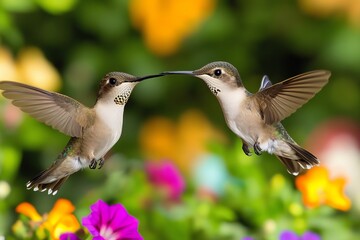 Fototapeta premium Two hummingbirds mid-air beak-to-beak surrounded by vibrant blooming flowers in garden