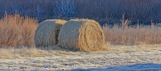 Two Hay Bales in a Frosty Field