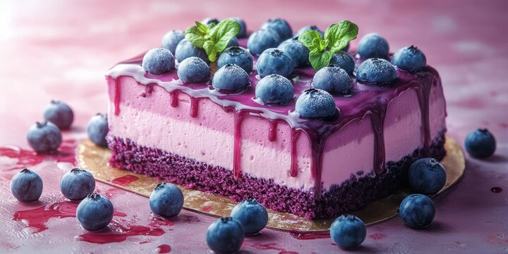 Delicious blueberry cheesecake presented beautifully with fresh blueberries and mint on a vibrant pink background - Powered by Adobe
