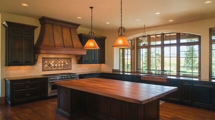 Spacious kitchen island with dark cabinets and wooden accents.