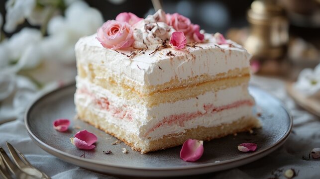 fluffy meringue cake (beza), crispy outer layer, soft marshmallow-like interior, subtle pink hue indicating rose flavoring 
