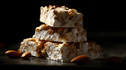 Batch of nougat bars with almonds on a champaign black background