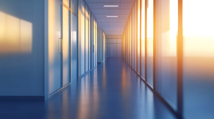 Sunlight floods down an empty office hallway with glass doors and panels during daytime hours.