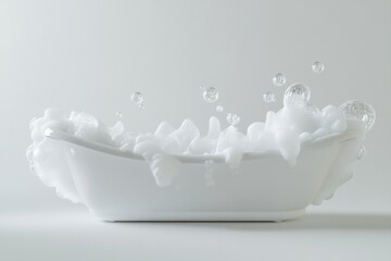 Foamy white bathtub with bubbles and splashes on soft background