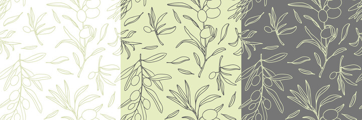 Hand drawn olive seamless pattern. Different coloured kitchen design. Cooking backdrop. Vector illustration.