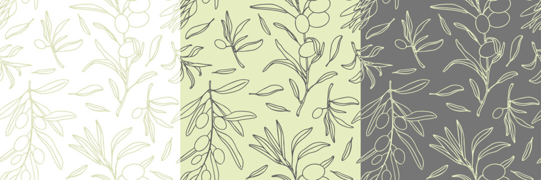 Hand drawn olive seamless pattern. Different coloured kitchen design. Cooking backdrop. Vector illustration.