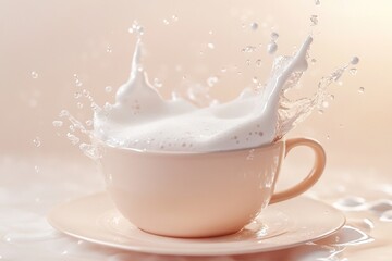 Hyper-realistic coffee cup with white foam, bubbles, and splashes