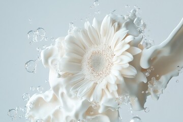 Hyper-realistic white gerbera with bubbles and splashes