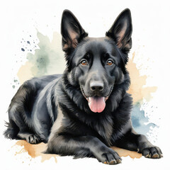 Artistic watercolor depiction of a relaxed black German Shepherd dog