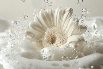 Hyper-realistic white foam gerbera with bubbles and splashes