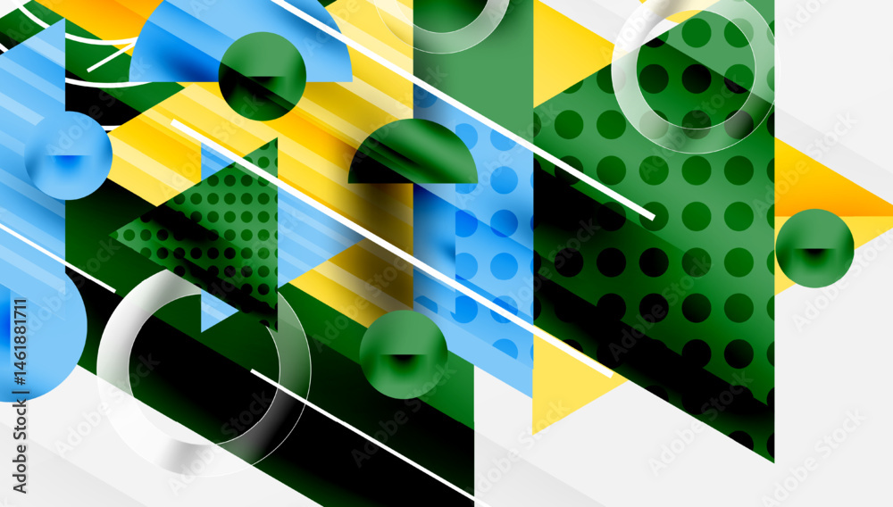 Fototapete Abstract geometric composition. Shapes overlap, creating dynamic visual effect. Colors include blue, green, yellow, white.