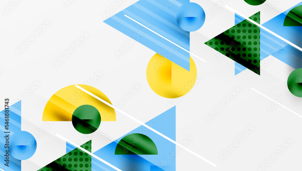 Poster abstract geometric shapes overlap. blue, green, yellow elements create dynamic composition. clean de