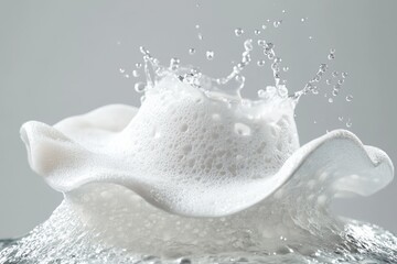 Hyper-realistic white foam hat with bubbles and soft lighting