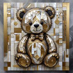 Geometric Teddy Bear Mosaic Artwork with Golden and White Accents