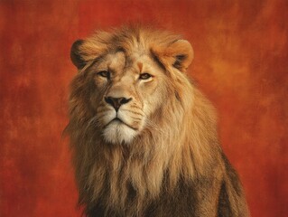 Fototapeta premium A regal lion with a flowing mane, eyes focused forward, isolated on a warm terracotta background