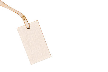 Blank cream leather tag with brown string isolated on transparent background