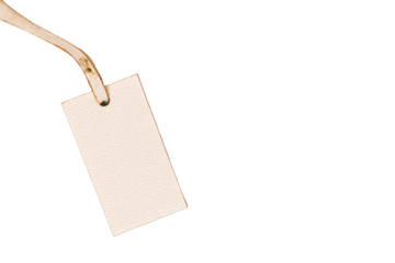 Blank cream leather tag with brown string isolated on transparent background