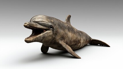 3D render of a dolphin, displaying a textured, muted gray-brown color palette.  The dolphin is in a dynamic pose, facing forward