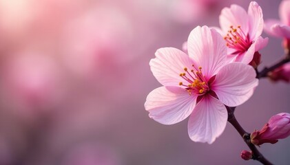Delicate pink cherry blossoms, soft petals, intricate design, floral, springtime, nature