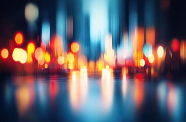 City night lights blur, reflected on wet pavement.  Bokeh effect shows vibrant colors of city lights on dark background