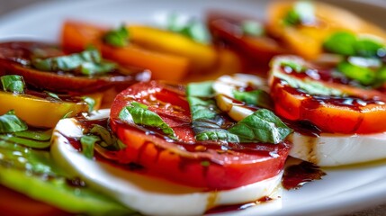 Fresh Mozzarella Salad with Colorful Tomatoes and Basil Drizzled with Balsamic Glaze on a Rustic Plate