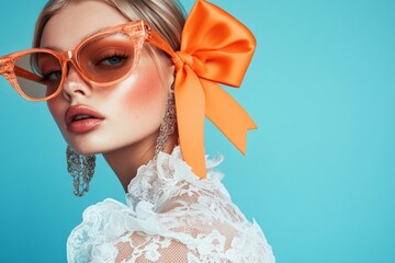 Blonde model in lace dress, sunglasses, orange bow, blue background